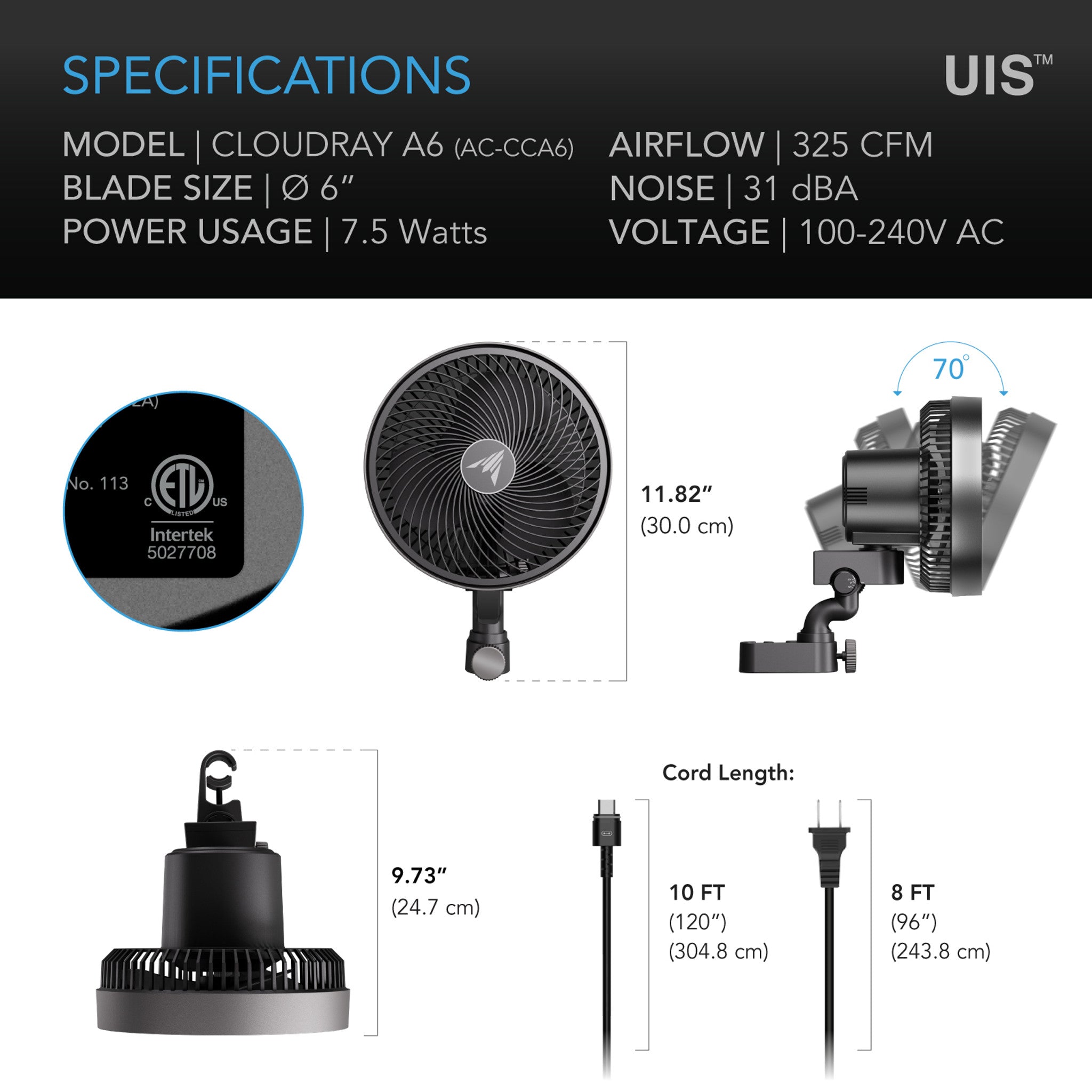 AC INFINITY CLOUDRAY A6 6" EC Clip Fan