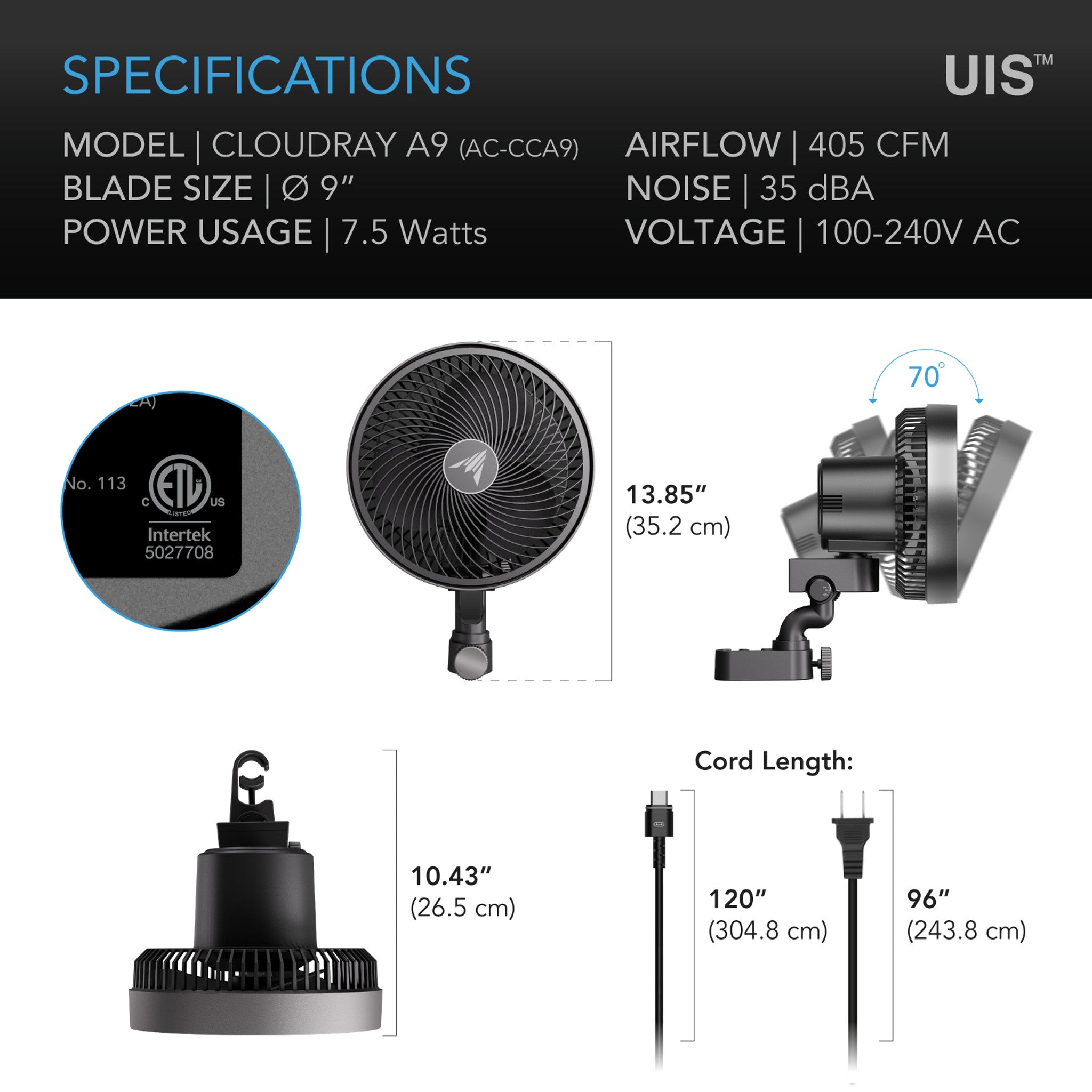 AC INFINITY CLOUDRAY A9 9" EC Clip Fan