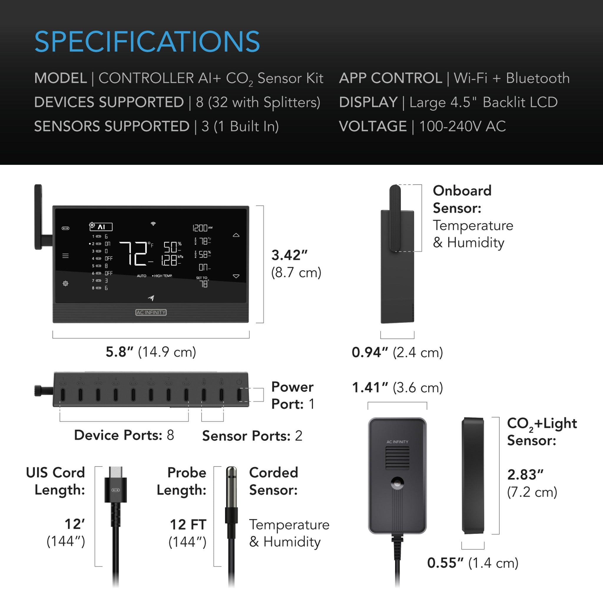AC INFINITY CONTROLLER AI+ with CO2 Sensor, AI-Powered Learning, CO2 Data Tracking for Optimized FAE, Temp, Humidity, and VPD Monitoring for Dynamic Level Adjusting Bluetooth & WiFi App