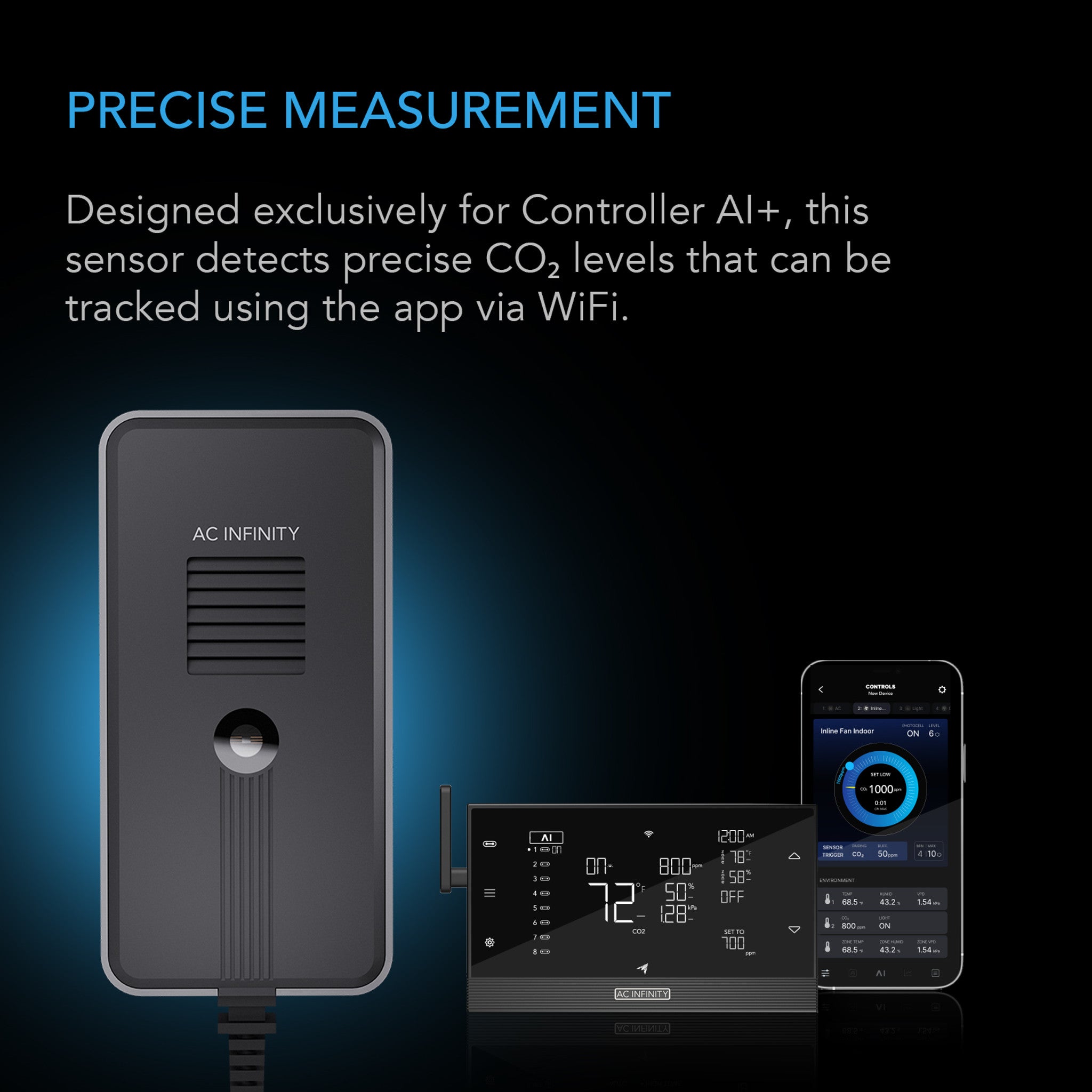 AC INFINTY CO2 + Light Sensor Exclusively for Controller AI+, CO2 Data Tracking, Optimized FAE, Day & Night Scheduling, Enables Equipment Control Programming