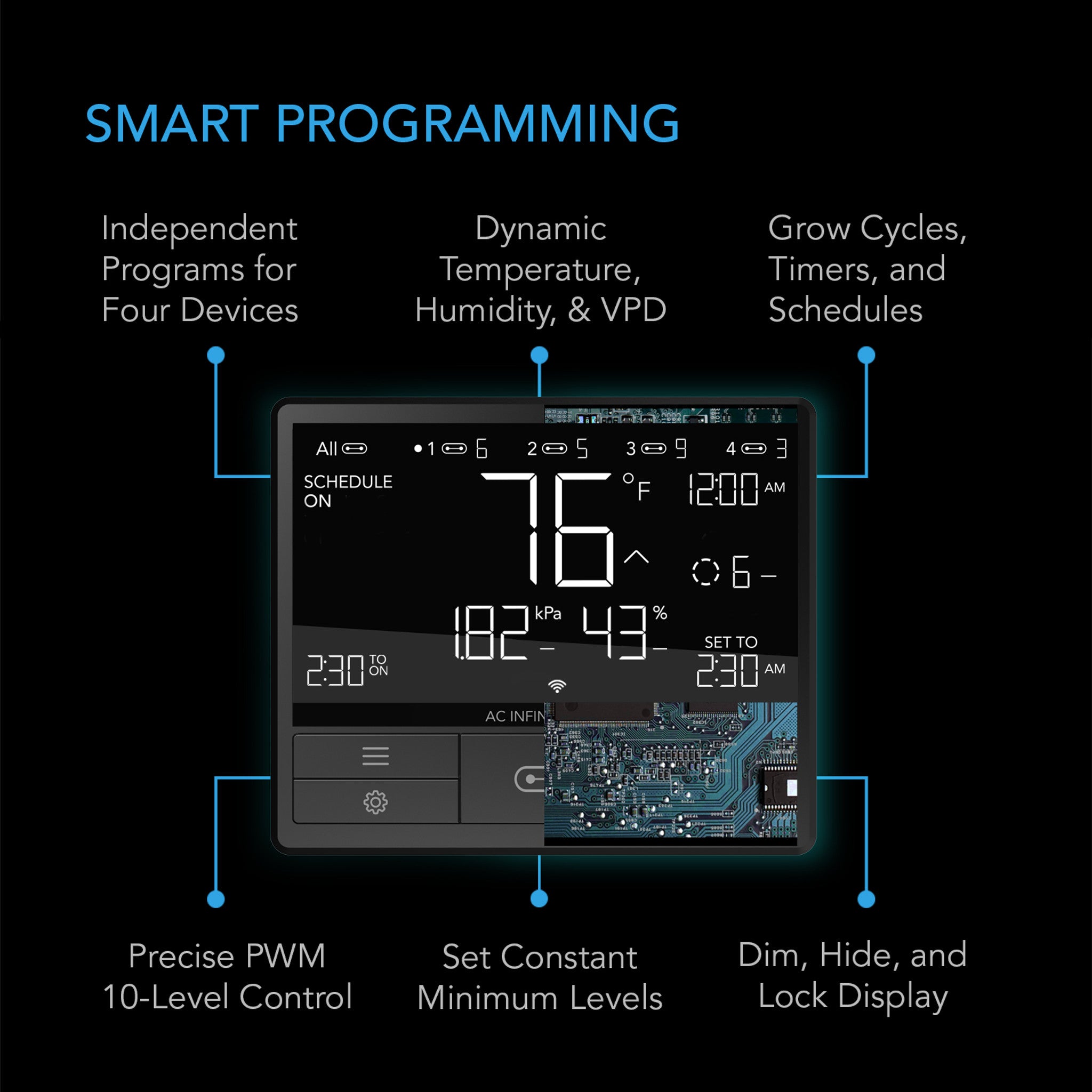 AC INFINITY CONTROLLER 69 PRO, Independent Programs for Four Devices, Dynamic VPD, Temperature, Humidity, Scheduling, Cycles, Levels Control, Data App, Bluetooth + WiFi
