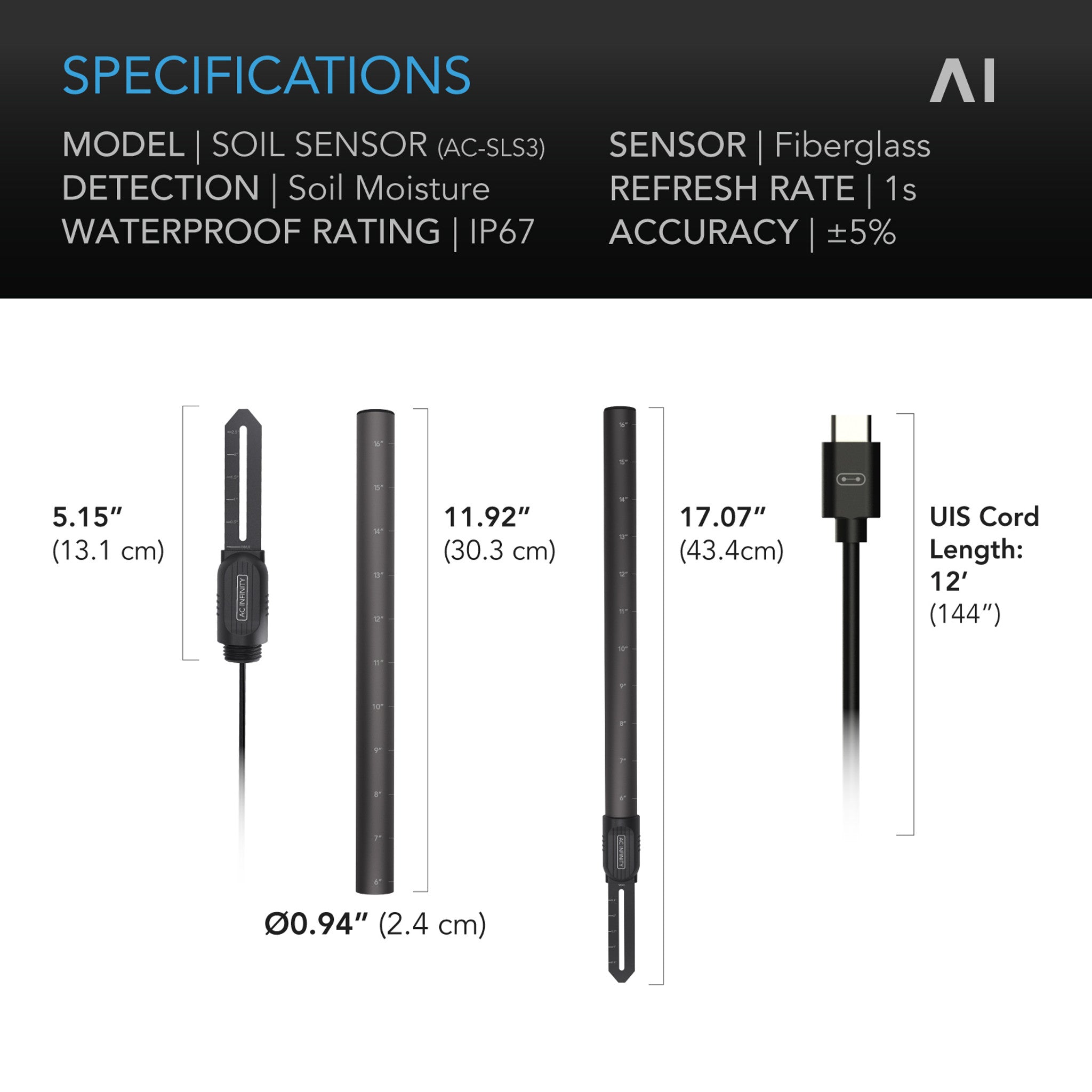 AC INFINITY Soil Sensor Probe Exclusively for Controller AI+, Monitors Moisture and Saturation Levels, IP67-Water Resistant (Pre Order