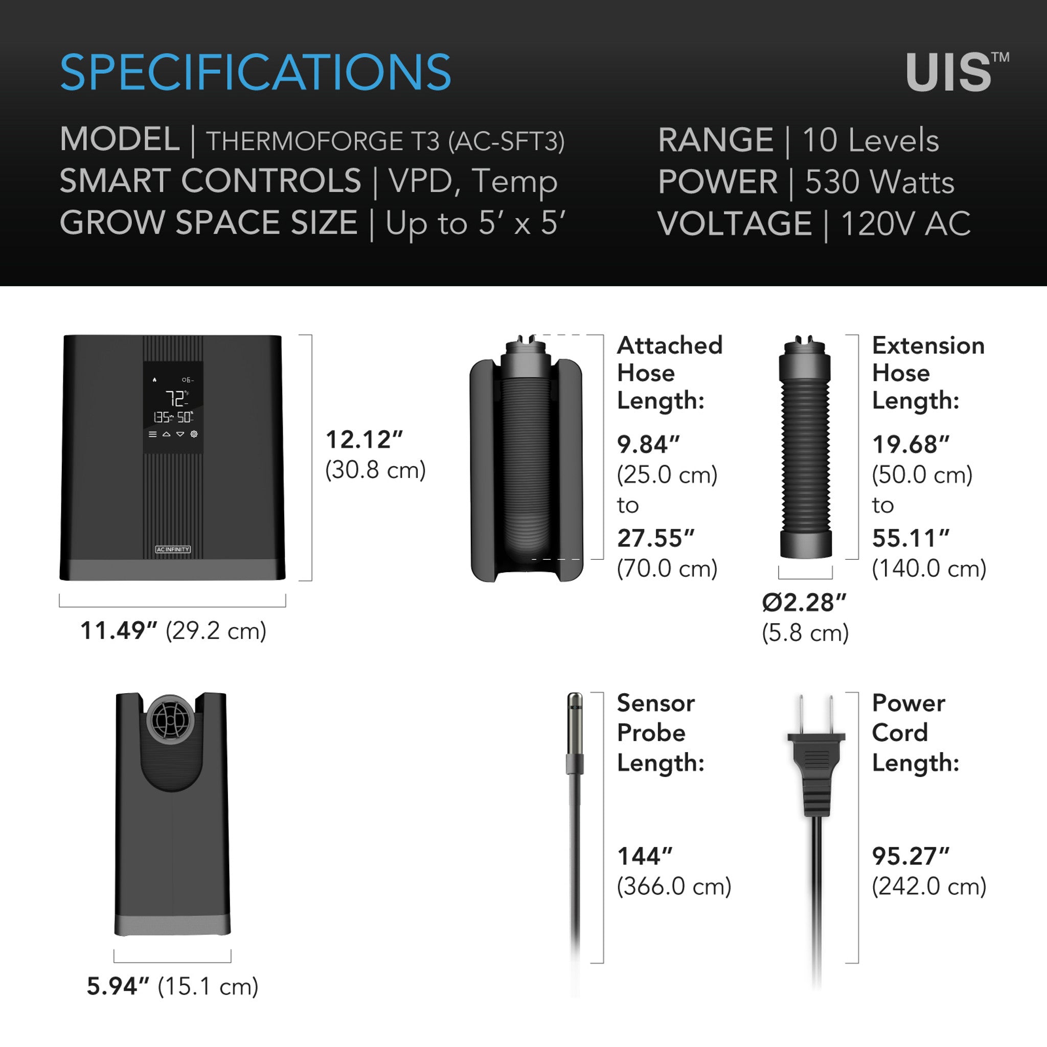 AC INFINITY THERMOFORGE T3, Environmental Plant Heater, Smart VPD Controls, True 10 Heat Levels, Tubing Extends into Grow Tent