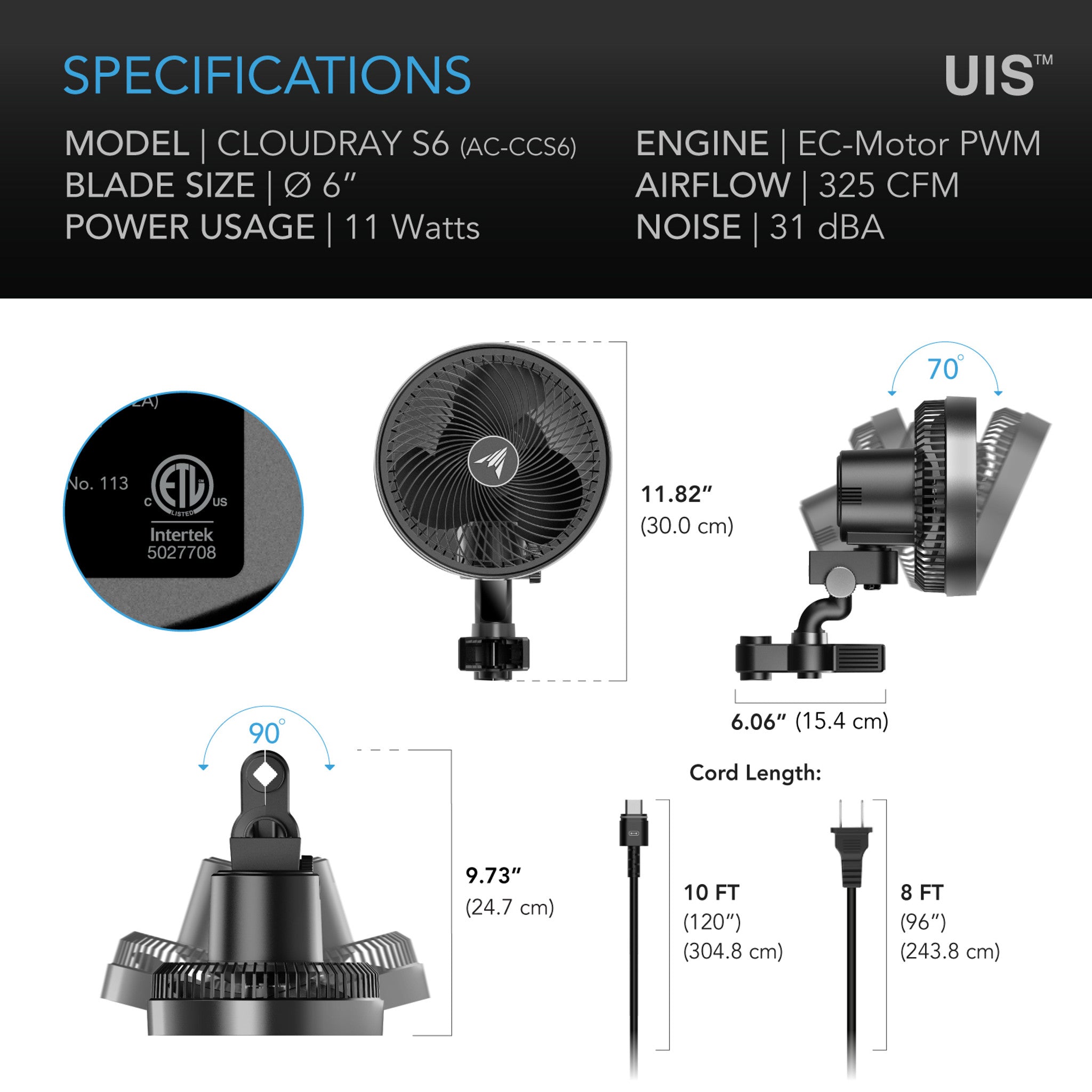 AC INFINITY CLOUDRAY S6 6" EC Oscillating Clip Fan