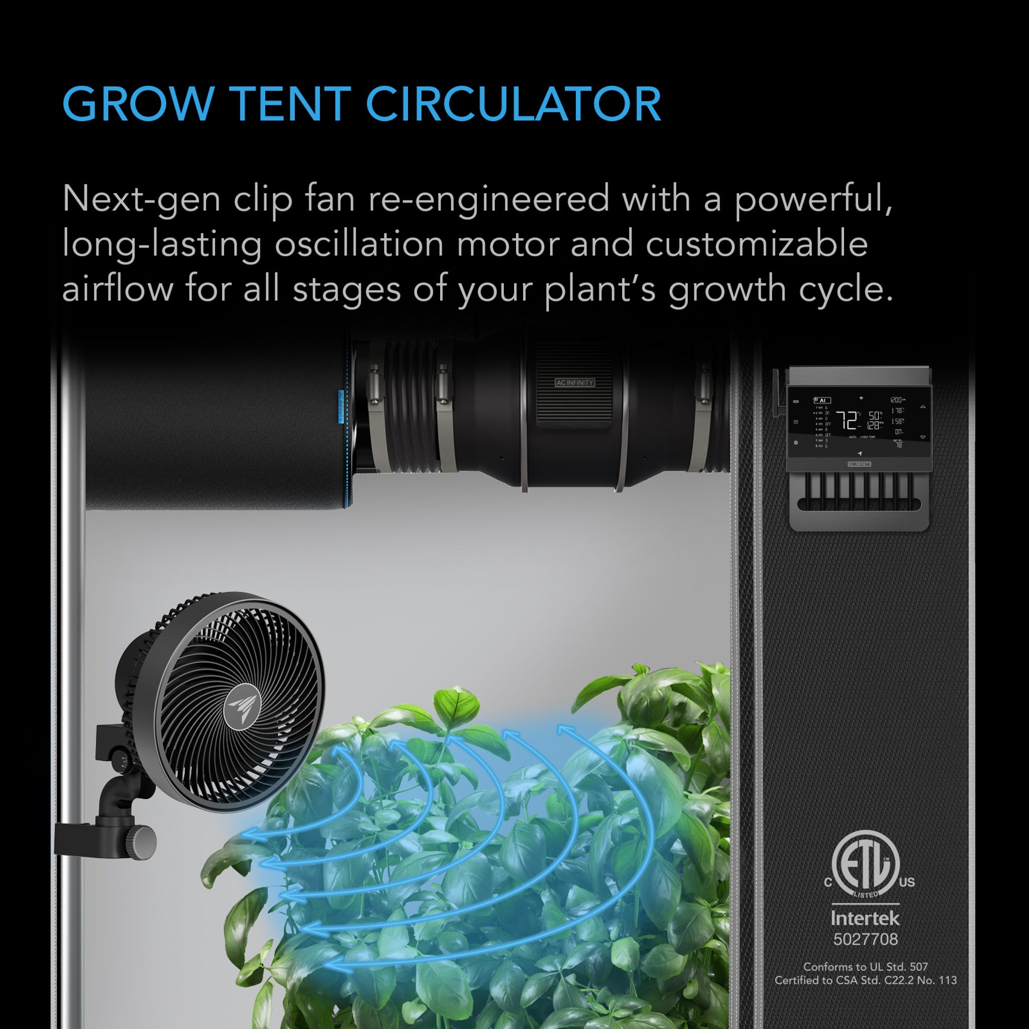 AC INFINITY CLOUDRAY S9 9" EC Oscillating Clip Fan