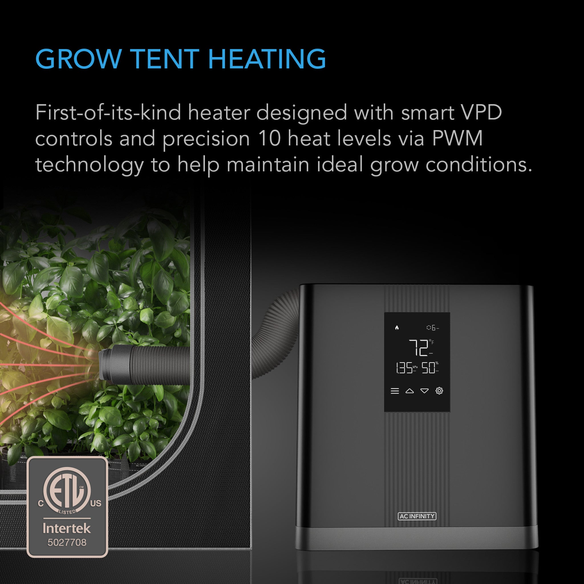 AC INFINITY THERMOFORGE T3, Environmental Plant Heater, Smart VPD Controls, True 10 Heat Levels, Tubing Extends into Grow Tent