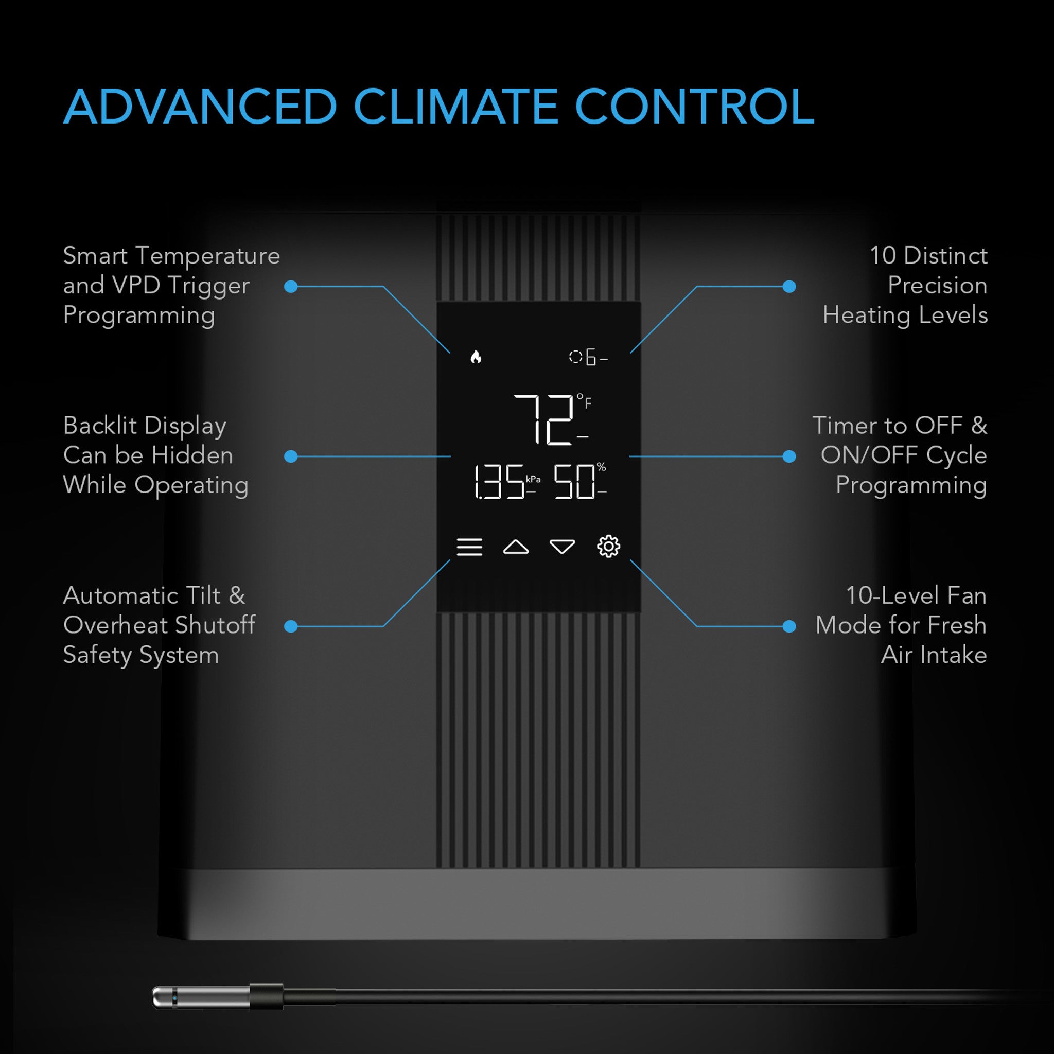 AC INFINITY THERMOFORGE T3, Environmental Plant Heater, Smart VPD Controls, True 10 Heat Levels, Tubing Extends into Grow Tent