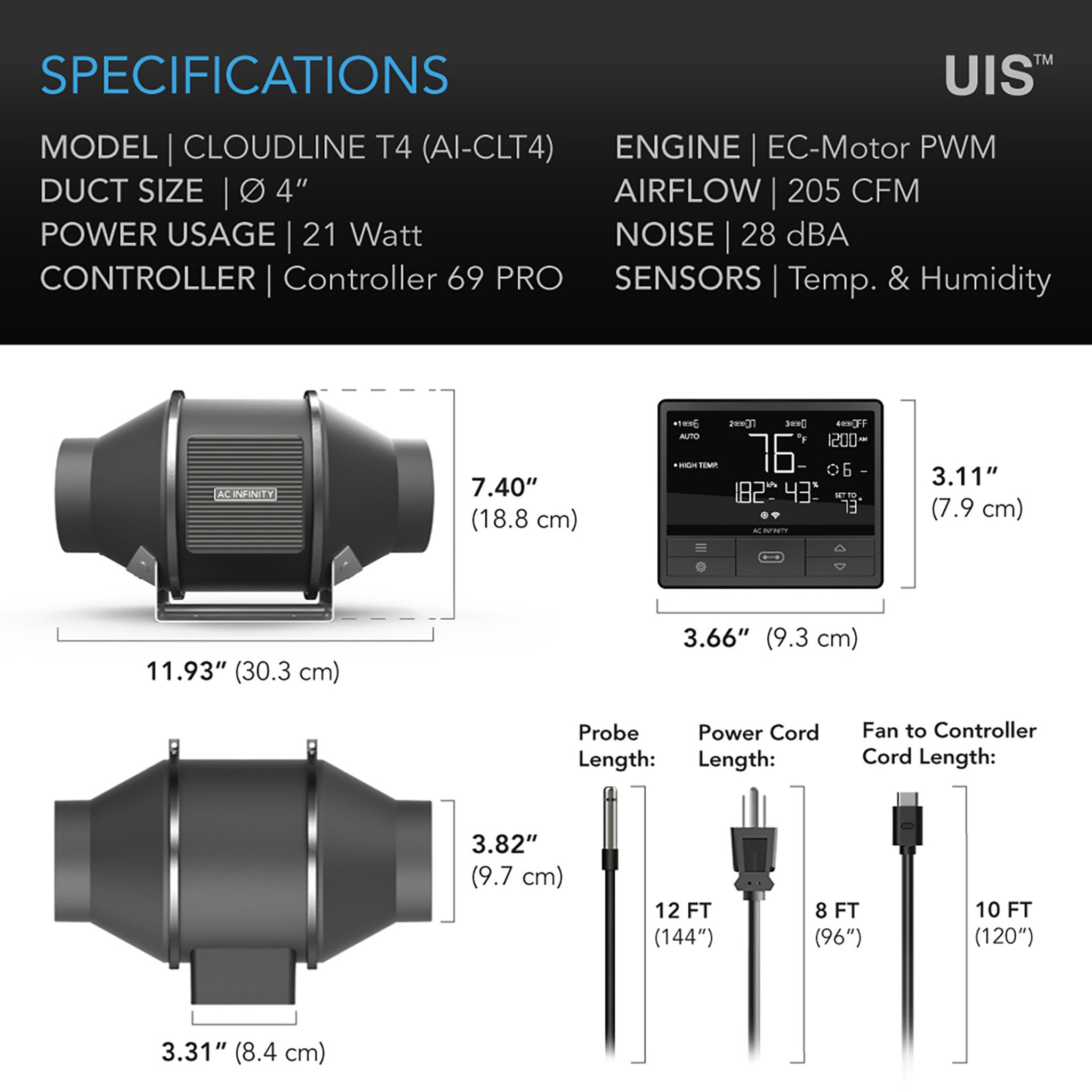 AC INFINITY CLOUDLINE PRO T4, Quiet Inline Duct Fan System with Temperature Humidity VPD Controller, 4-Inch