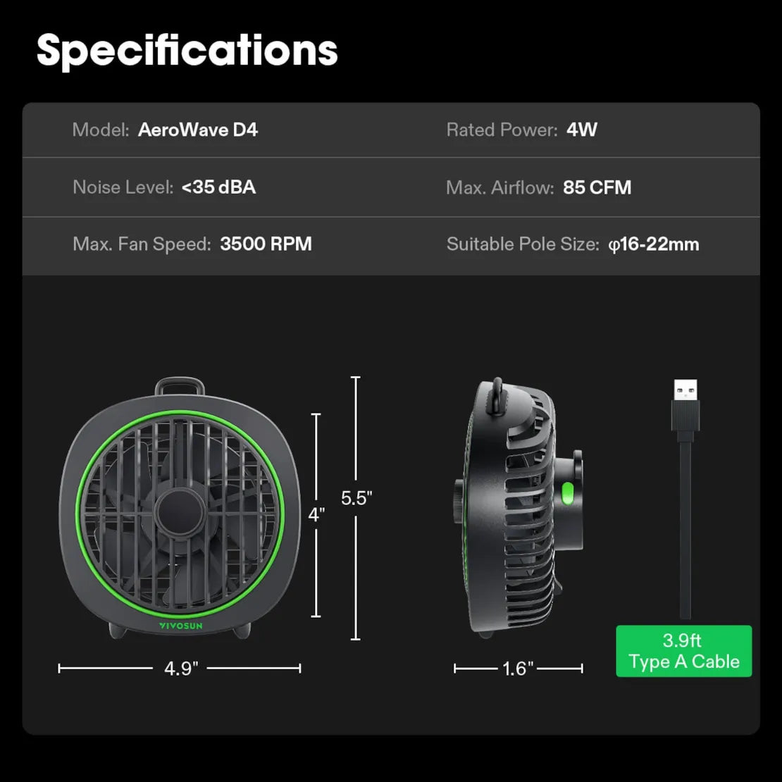 VIVOSUN AeroWave D4, 4” Grow Tent Clip Fan with Detachable Hook
